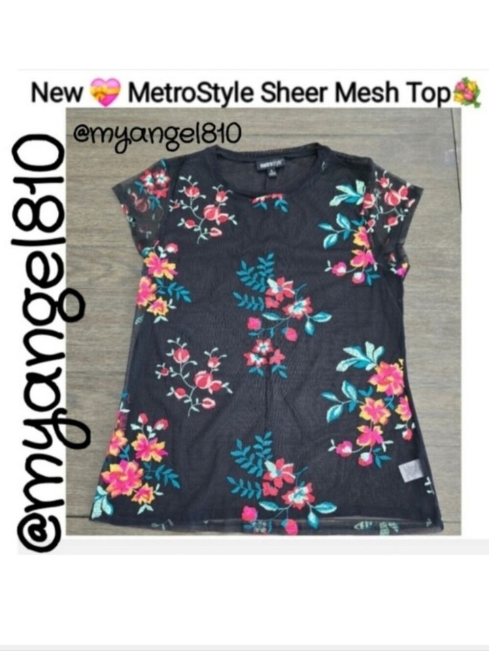 Metrostyle Black Sheer Mesh Floral Short-Sleeve Tee with Pink & Teal Blooms
